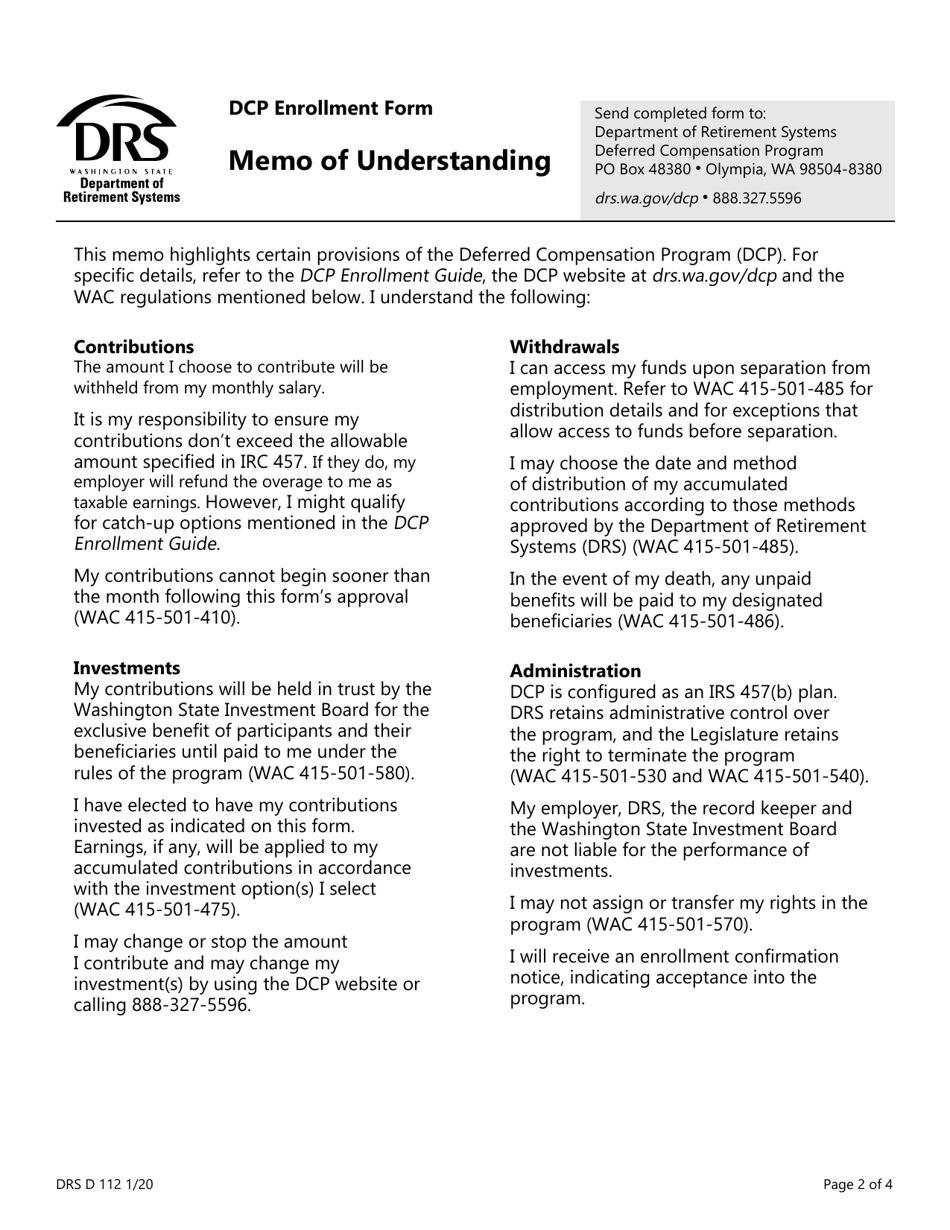 Form DRS D112 Dcp Extended Enrollment Form - Washington, Page 2
