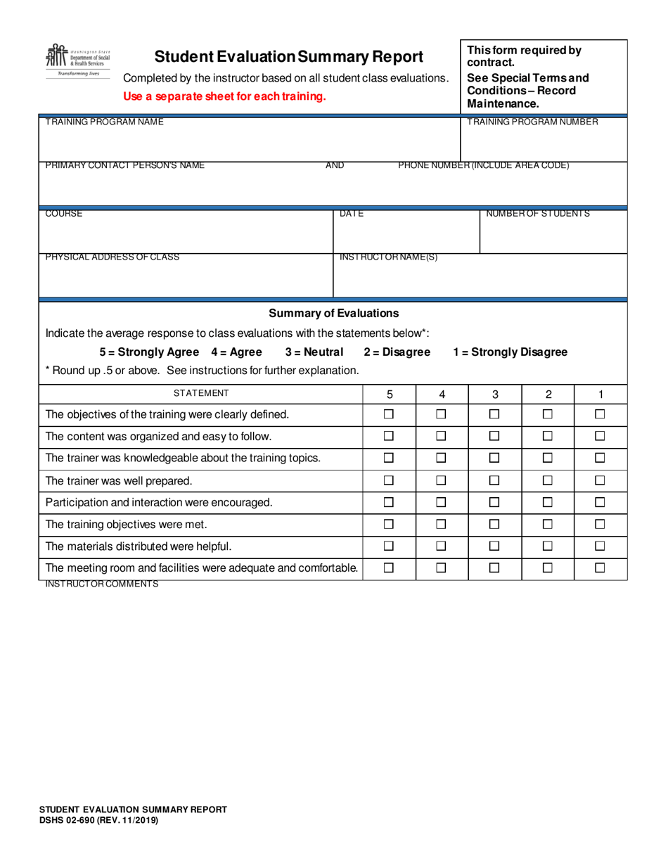 DSHS Form 02-690 Student Evaluation Summary Report - Washington, Page 1