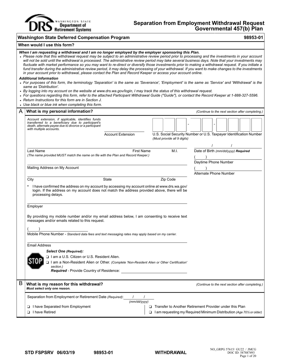 Separation From Employment Withdrawal Request - Washington, Page 1