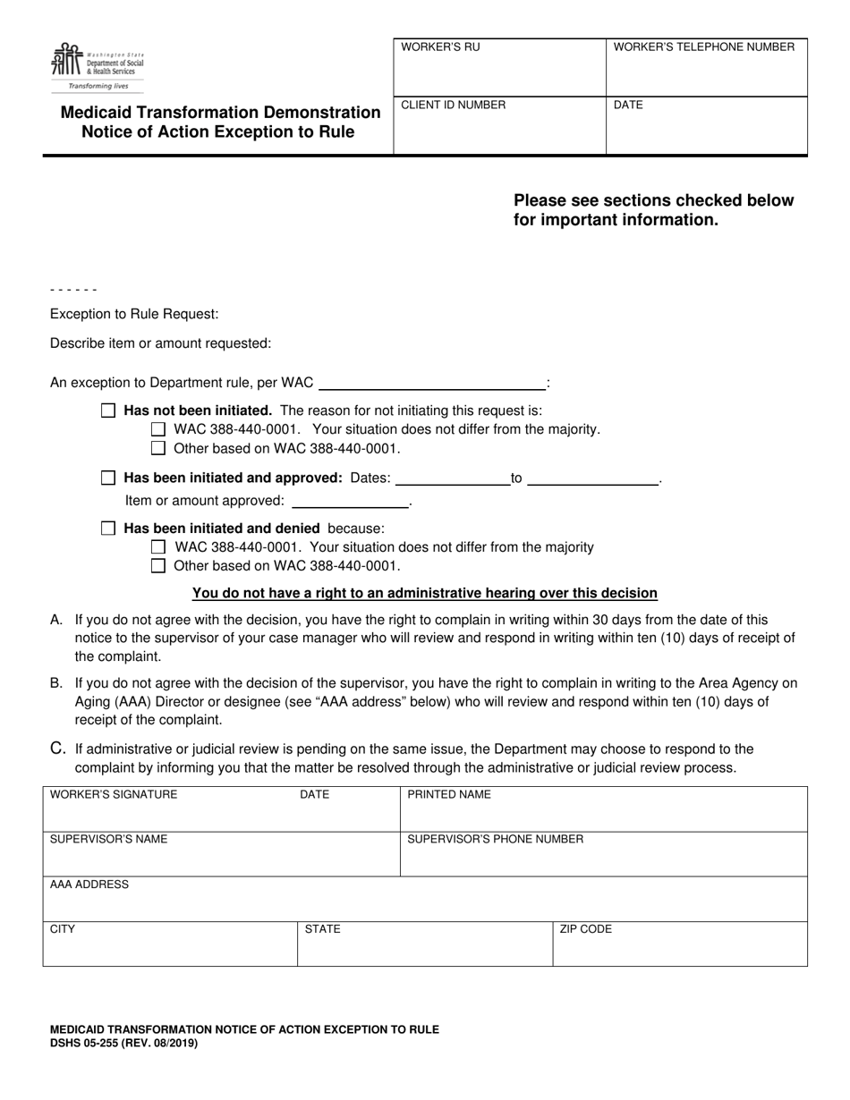 DSHS Form 05-255 Medicaid Transformation Demonstration Notice of Action Exception to Rule - Washington, Page 1