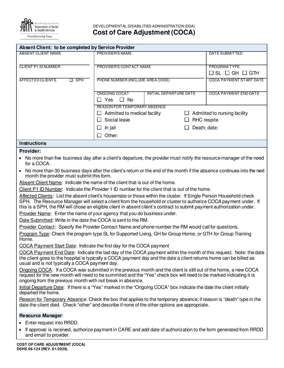 DSHS Form 06-124 Cost of Care Adjustment (Coca) - Washington, Page 1