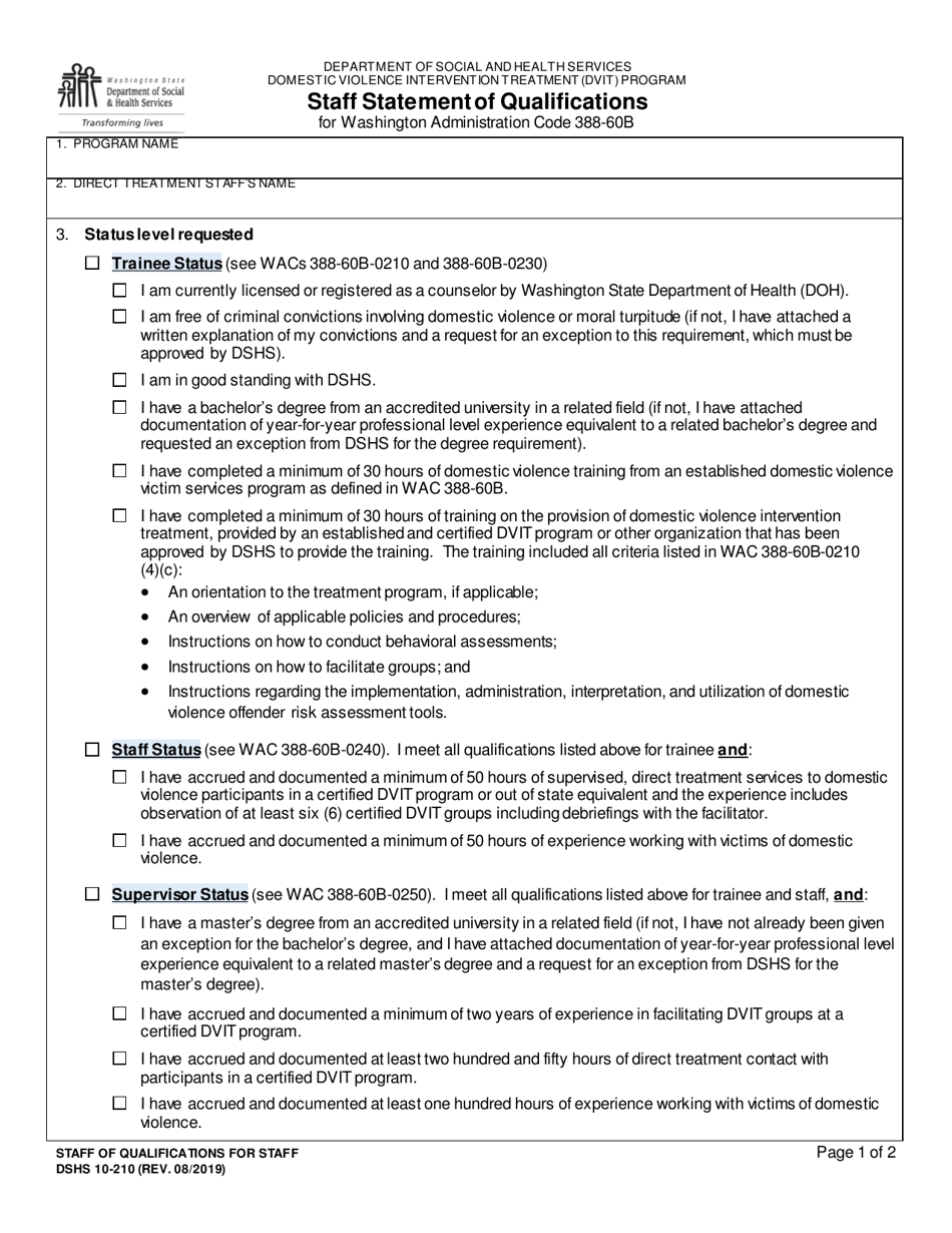 Dshs Form 10-210 Download Printable Pdf Or Fill Online Staff Statement 