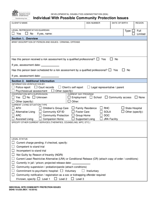 DSHS Form 10-258 Individual With Possible Community Protection Issues - Washington