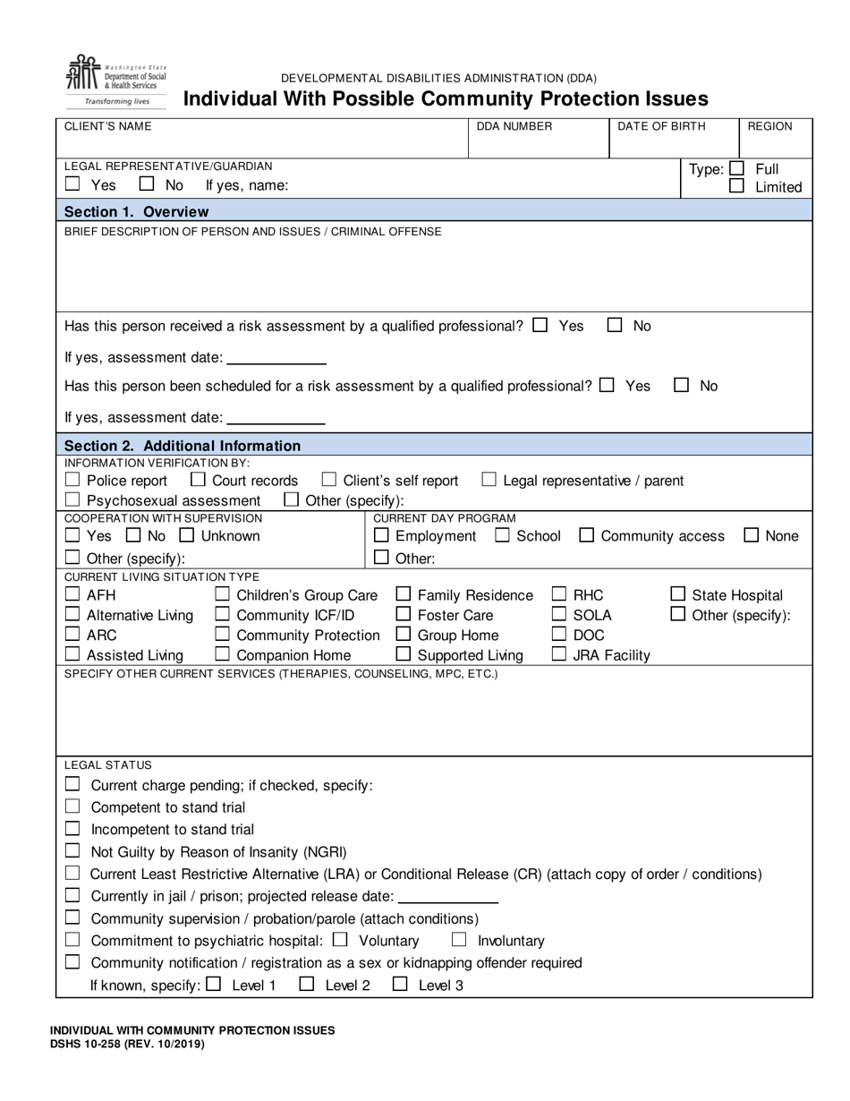 DSHS Form 10-258 Individual With Possible Community Protection Issues - Washington, Page 1