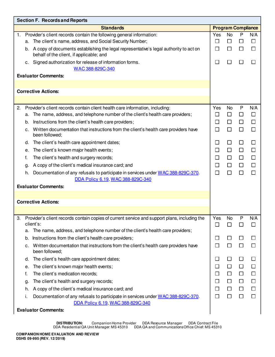 DSHS Form 09-995 Companion Home Evaluation and Review - Washington, Page 9