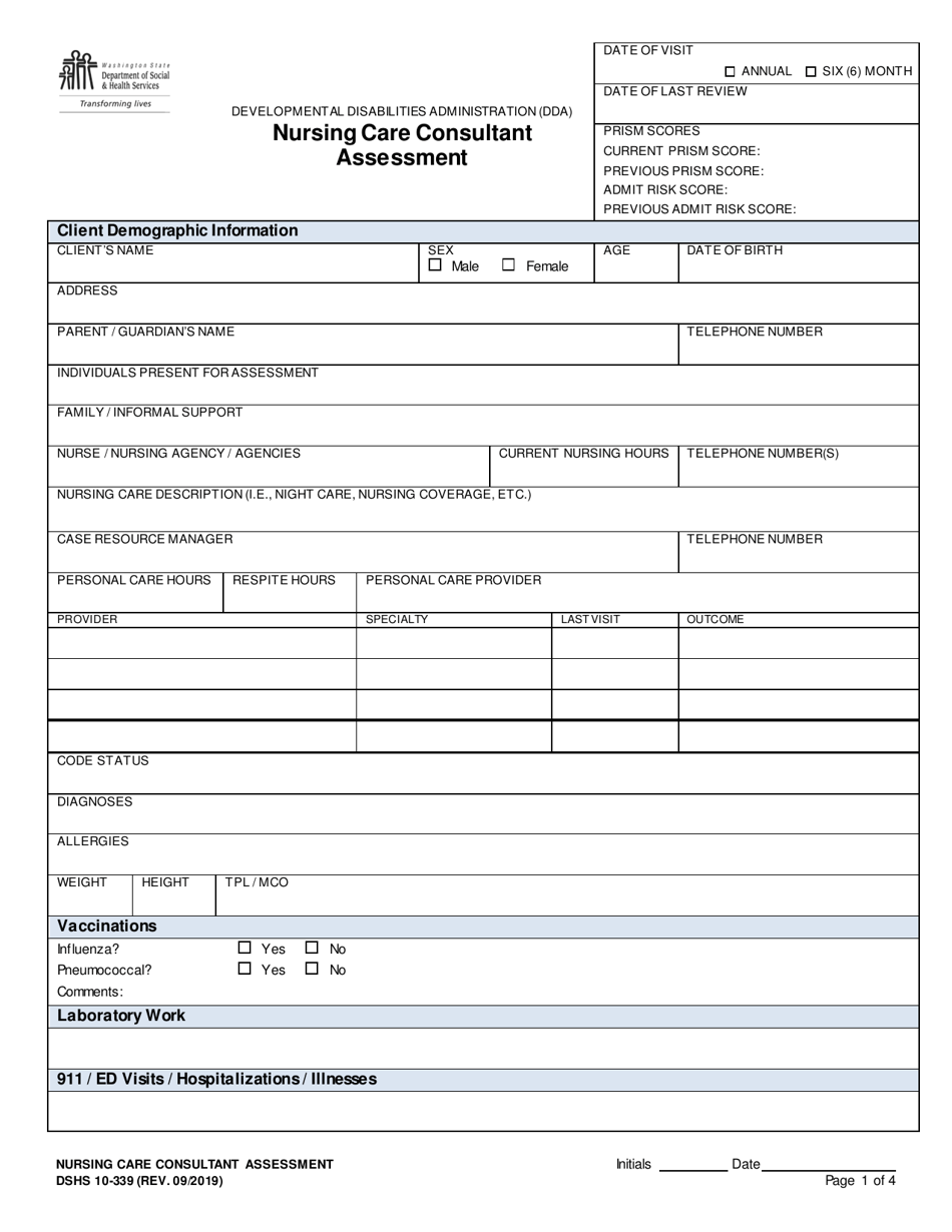 DSHS Form 10-339 Nursing Care Consultant Assessment - Washington, Page 1
