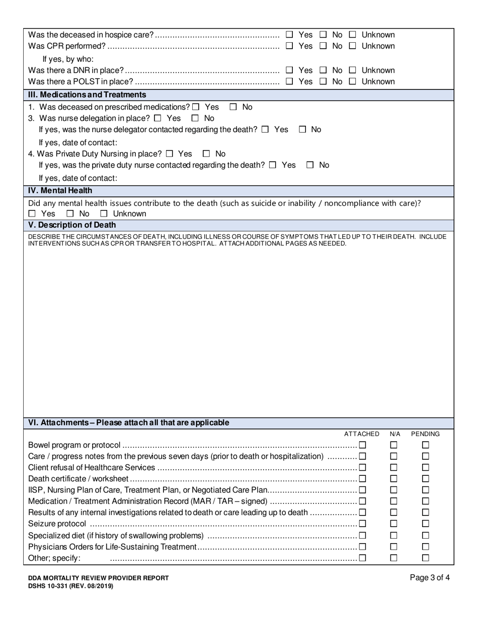 DSHS Form 10-331 Dda Mortality Review Provider Report - Washington, Page 3