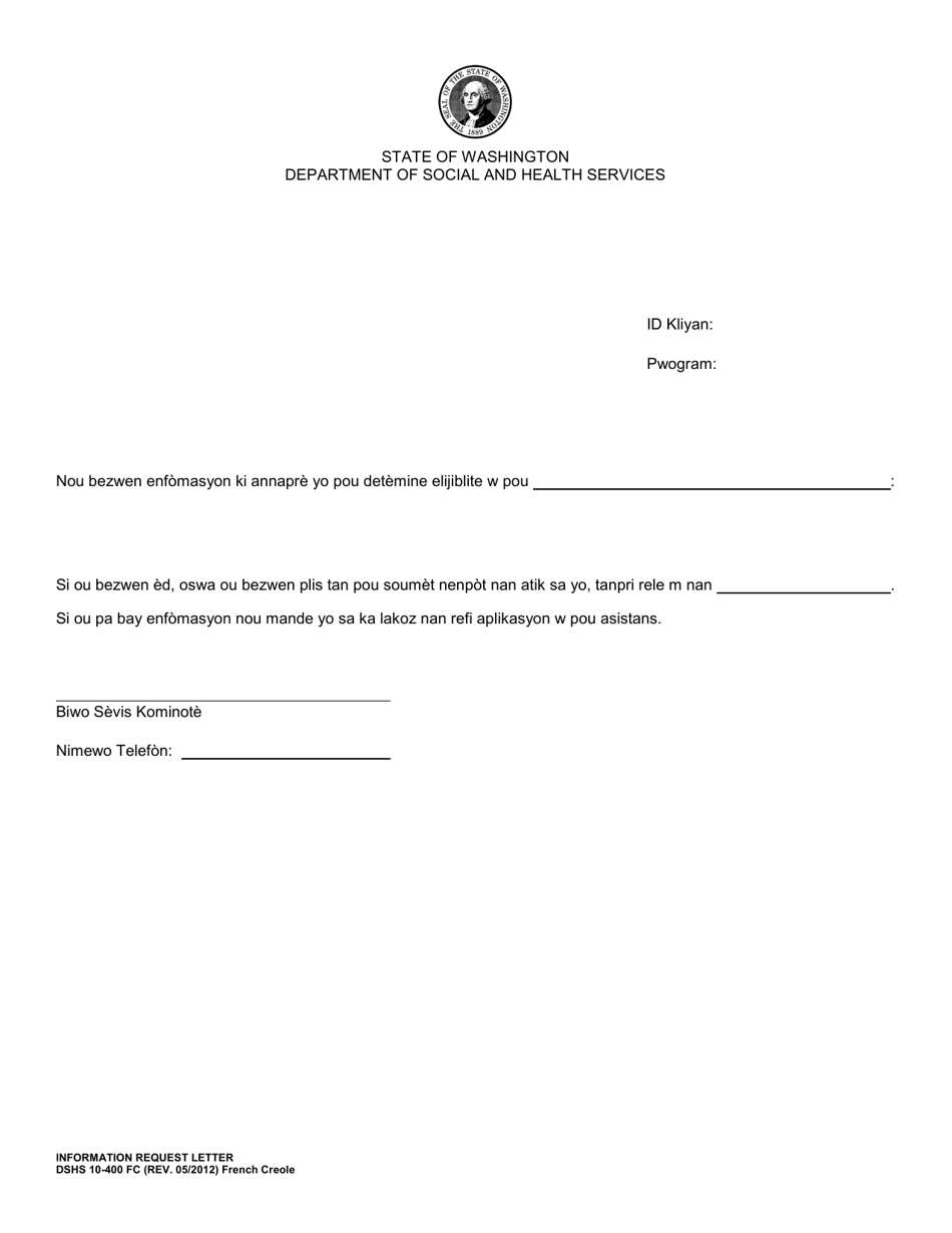 DSHS Form 10-400 Information Request Letter - Washington (French Creole), Page 1