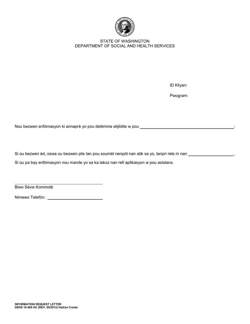 DSHS Form 10-400 Information Request Letter - Washington (Haitian Creole), Page 1