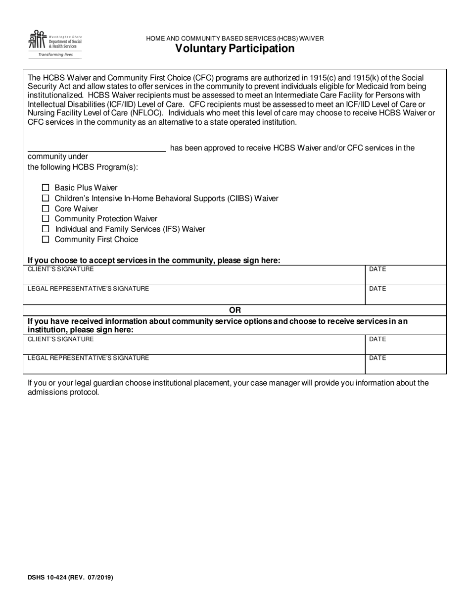 DSHS Form 10-424 Voluntary Participation - Washington, Page 1
