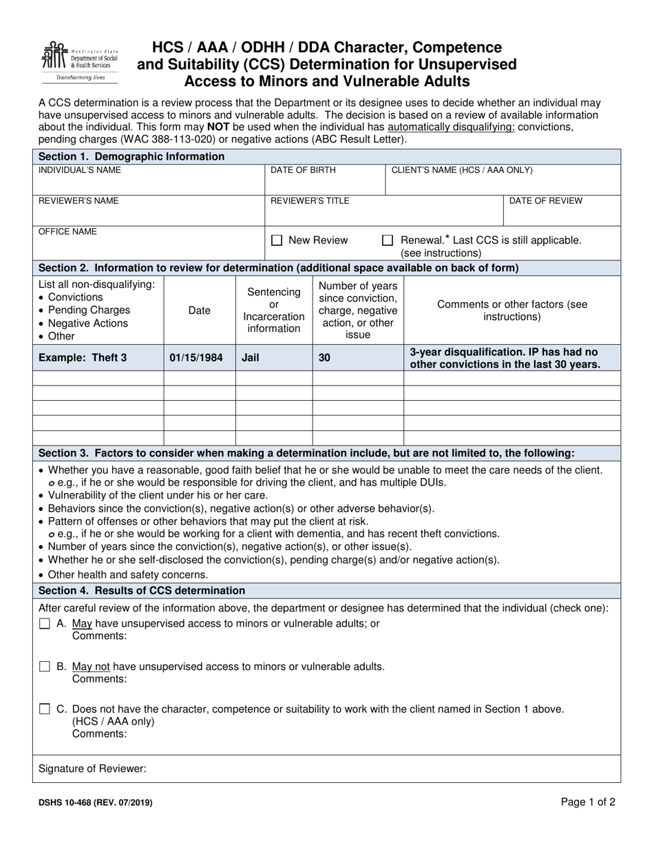 DSHS Form 10-468 Hcs / Aaa / Odhh / Dda Character, Competence and Suitability (Css) Determination for Unsupervised Access to Minors and Vulnerable Adults - Washington, Page 1