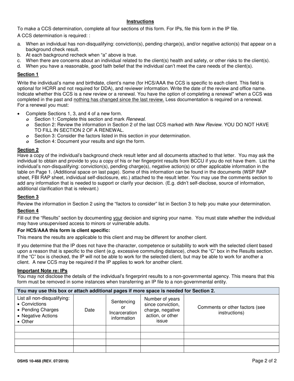DSHS Form 10-468 Hcs / Aaa / Odhh / Dda Character, Competence and Suitability (Css) Determination for Unsupervised Access to Minors and Vulnerable Adults - Washington, Page 2