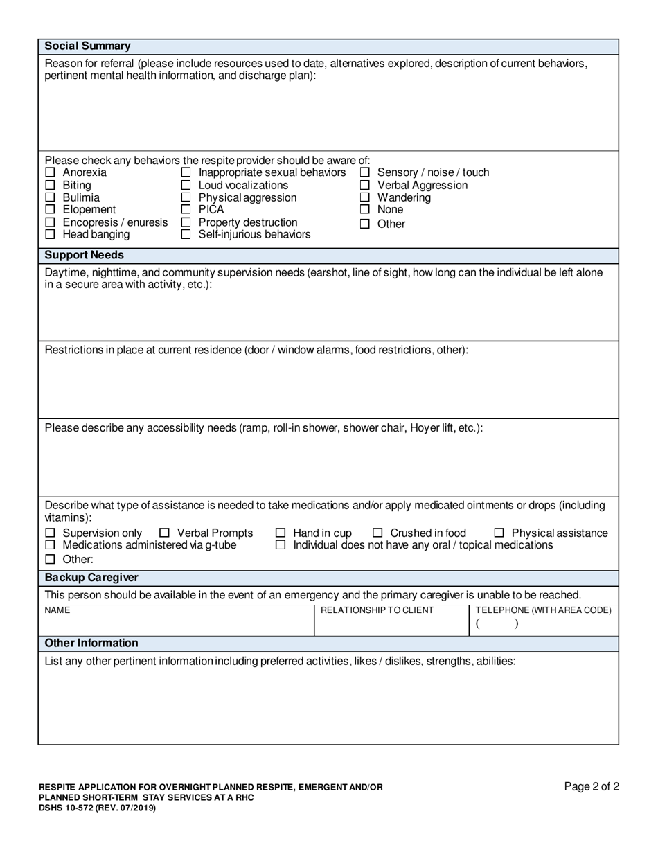 DSHS Form 10-572 Respite Application for Overnight Planned Respite (Oprs), Emergent and / or Planned Short-Term Stay Services at an Rhc - Washington, Page 2