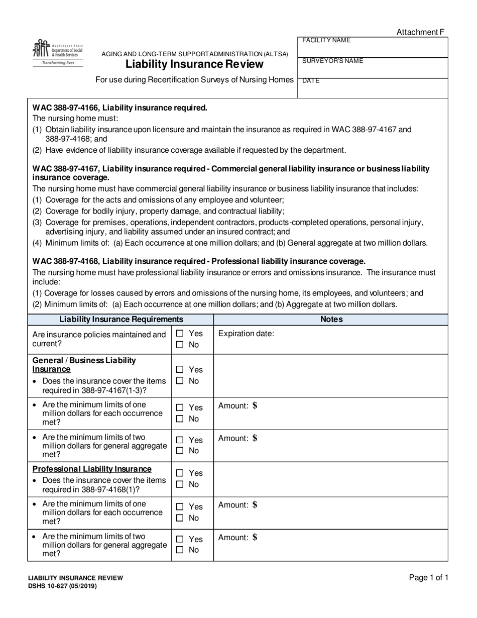 DSHS Form 10-627 Attachment F Liability Insurance Review - Washington, Page 1