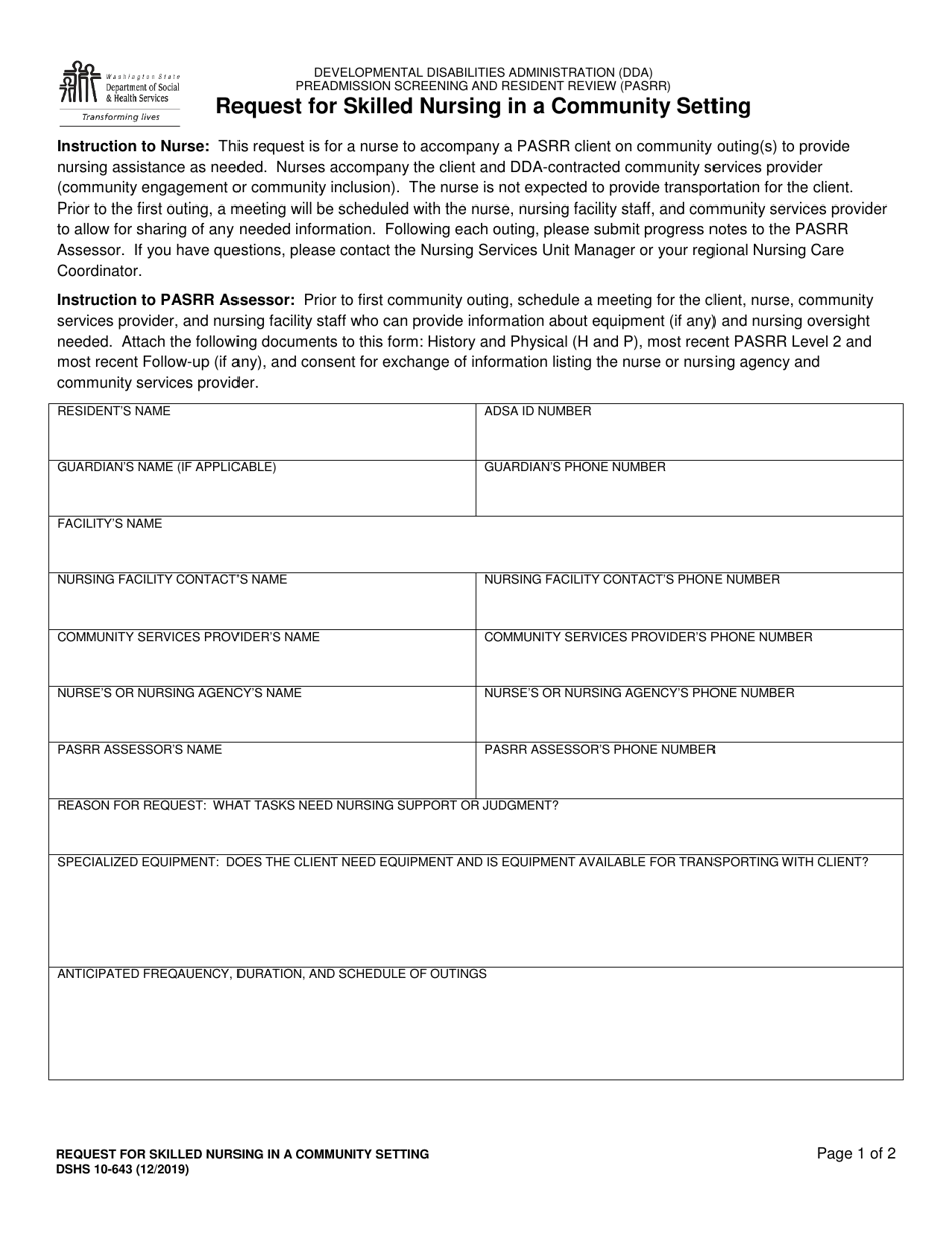 DSHS Form 10-643 Request for Skilled Nursing in a Community Setting (Pre-admission Screening and Resident Review) - Washington, Page 1
