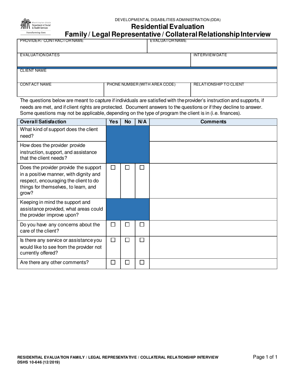 DSHS Form 10-646 Residential Evaluation Family / Legal Representative / Collateral Relationships Interview - Washington, Page 1