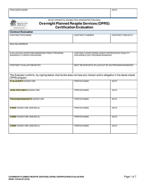 DSHS Form 10-639  Printable Pdf