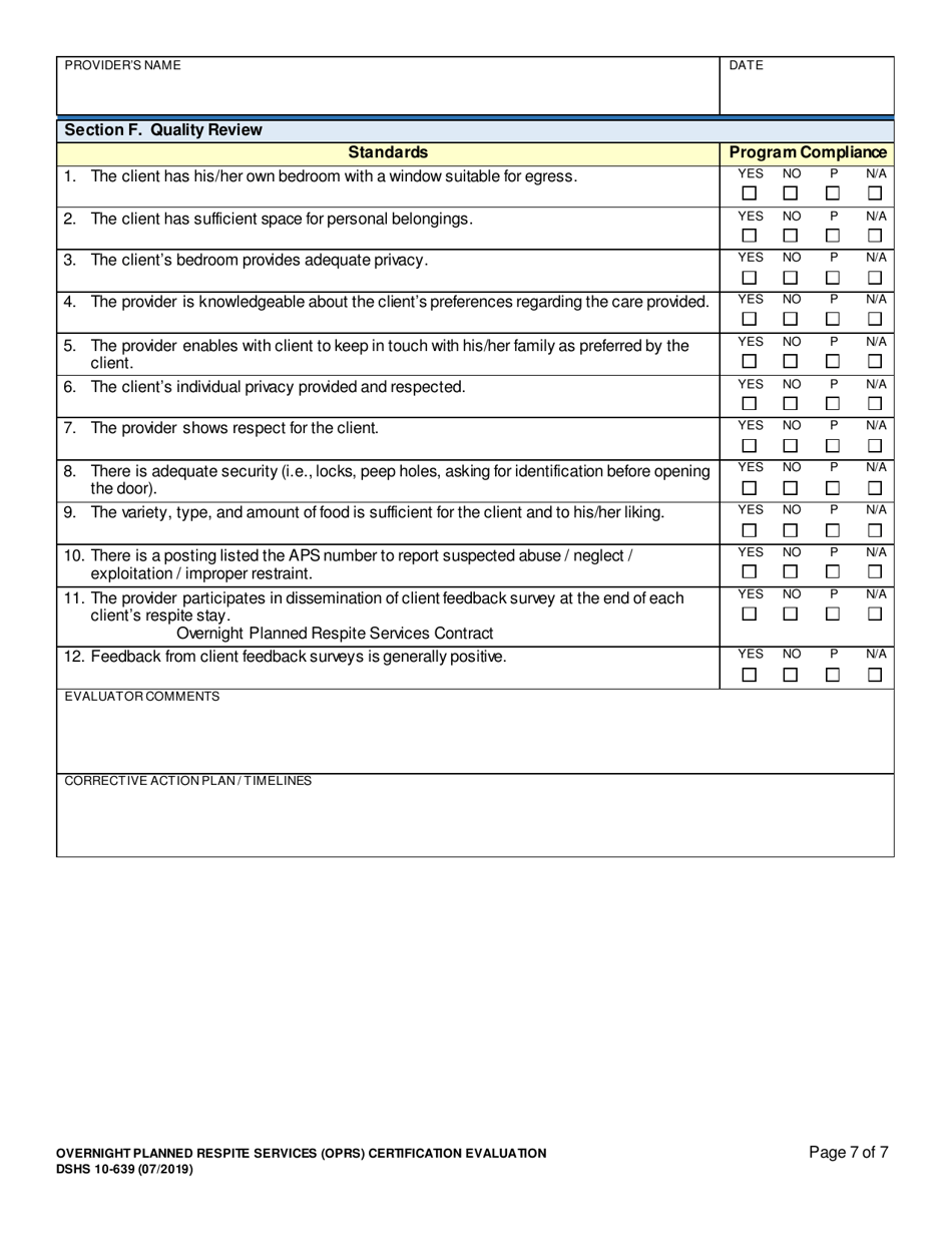DSHS Form 10-639 Overnight Planned Respite Services (Oprs) Certification Evaluation - Washington, Page 7