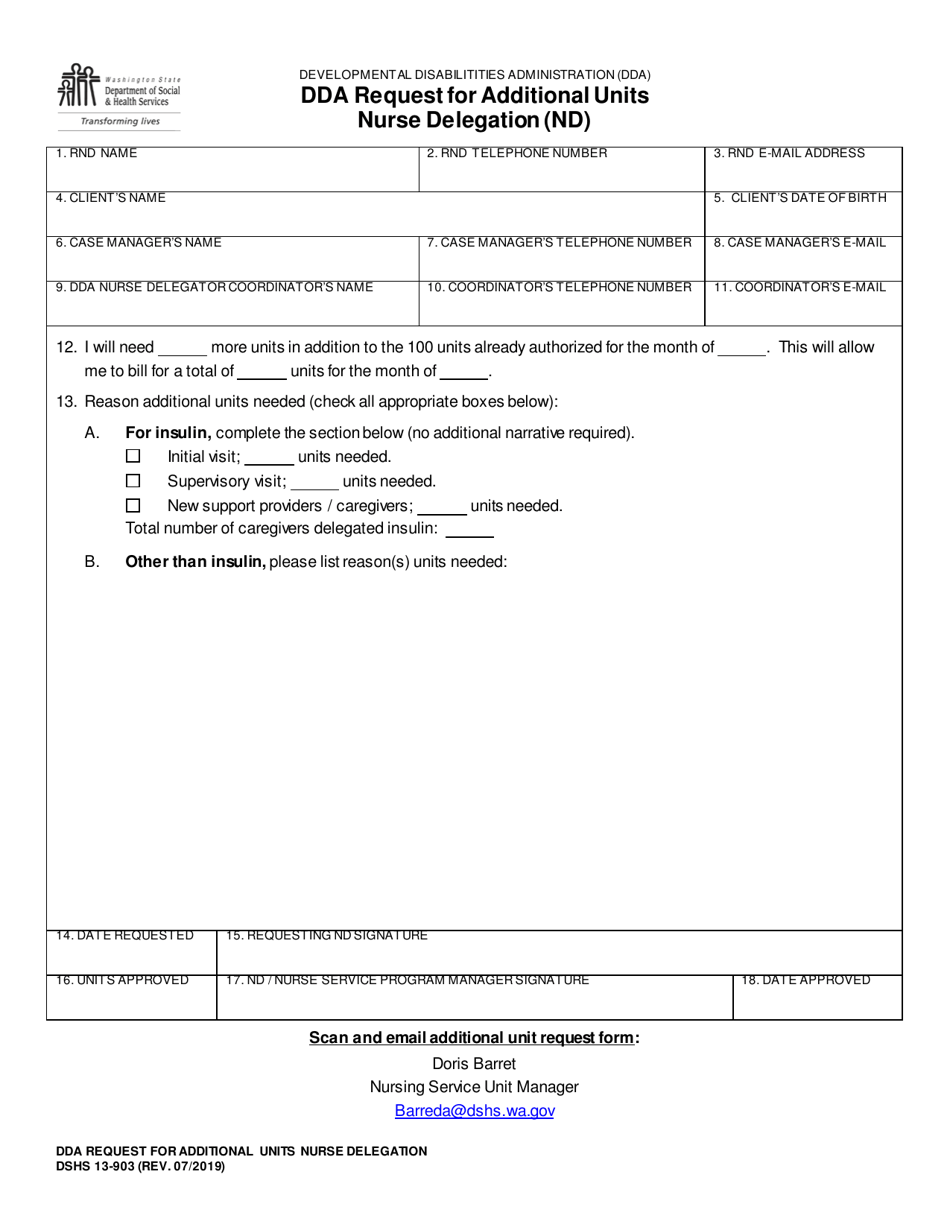 DSHS Form 13-903 Dda Request for Additional Units Nurse Delegation - Washington, Page 1