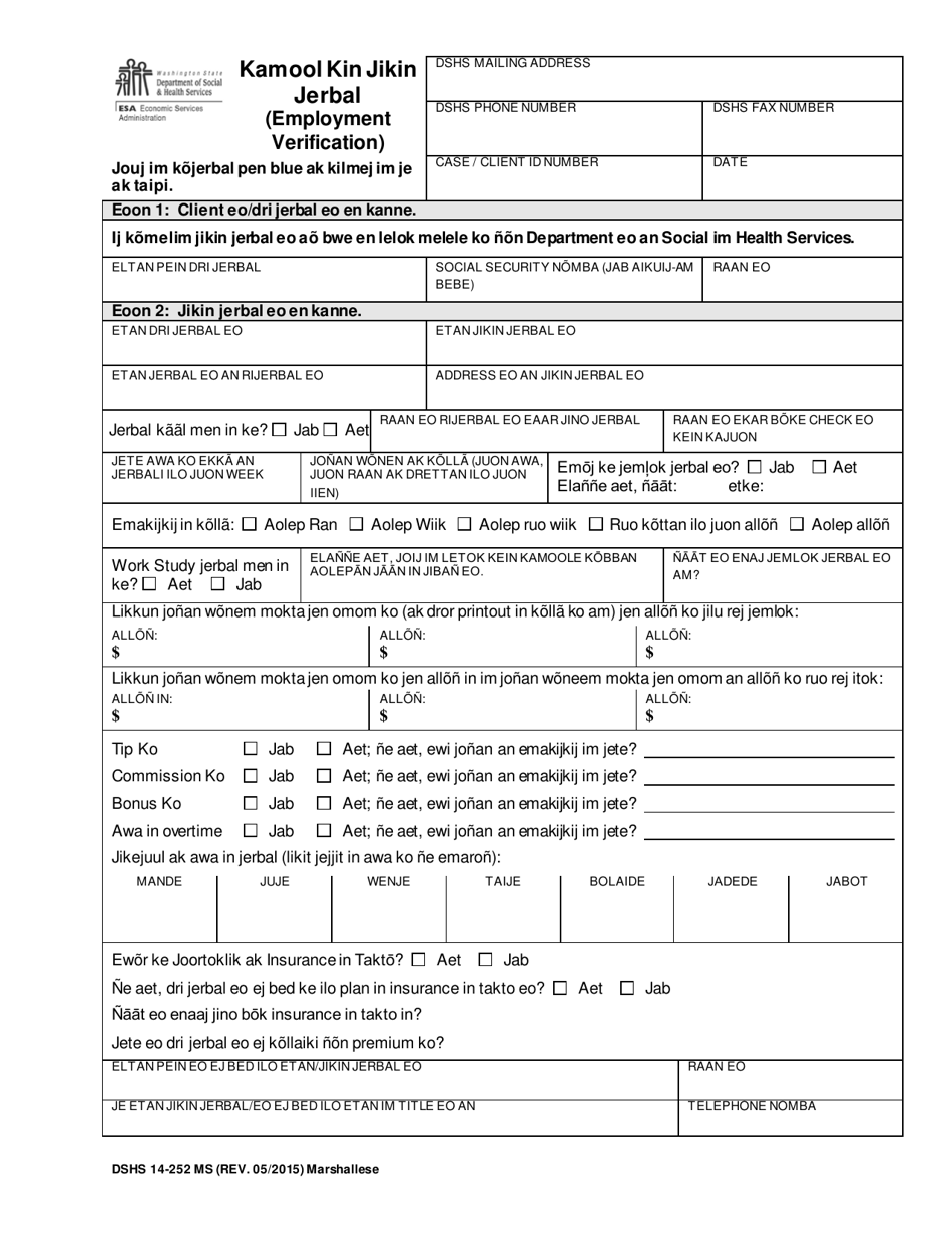 DSHS Form 14-252 Employment Verification - Washington (Marshallese), Page 1