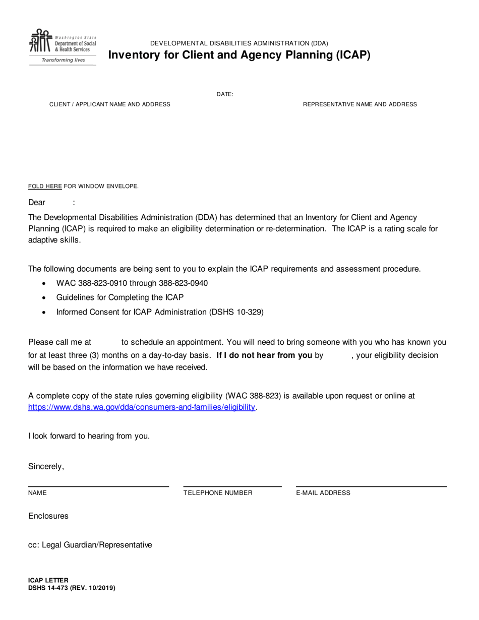 DSHS Form 14-473 Inventory for Client and Agency Planning (Icap) Letter - Washington, Page 1