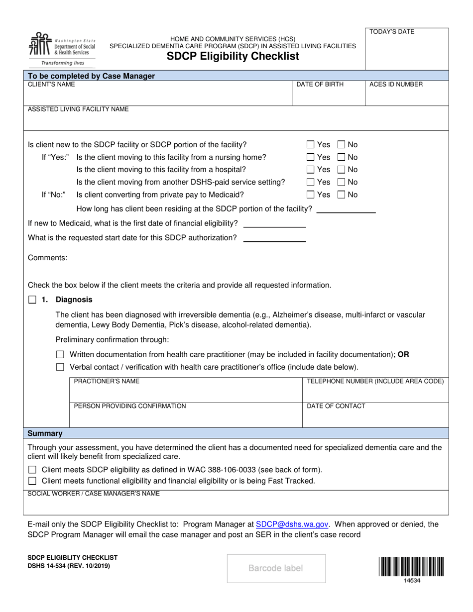 DSHS Form 14-534 Sdcp Eligibility Checklist - Washington, Page 1