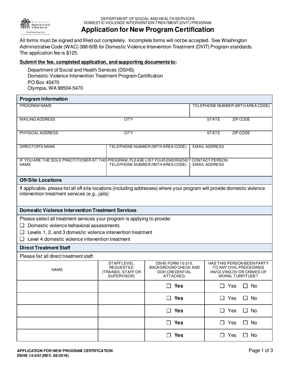 DSHS Form 14-542 Application for New Program Certification (Domestic Violence Intervention Treatment) - Washington, Page 1