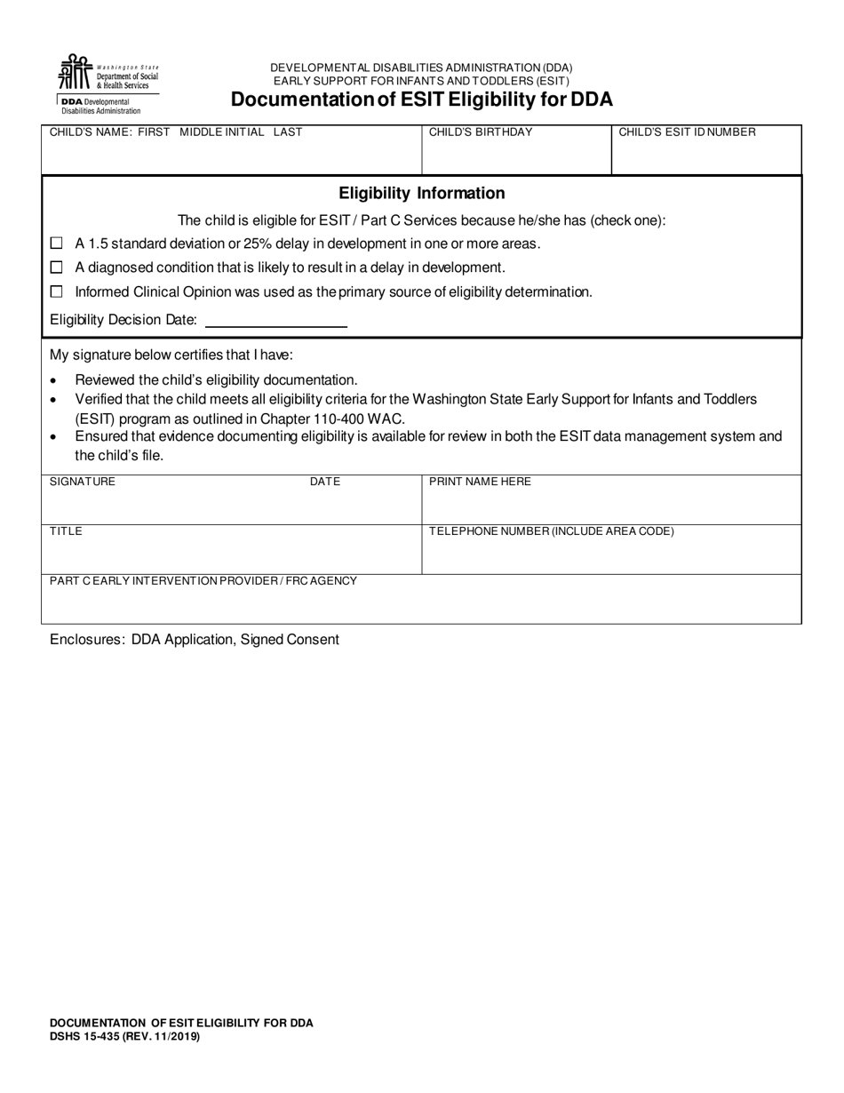 DSHS Form 15-435 Documentation of Esit Eligibility for Dda - Washington, Page 1