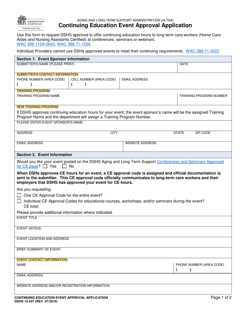 DSHS Form 15-547 Continuing Education Event Approval Application - Washington, Page 1