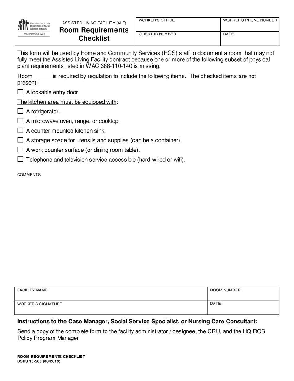 DSHS Form 15-560 Room Requirements Checklist - Washington, Page 1