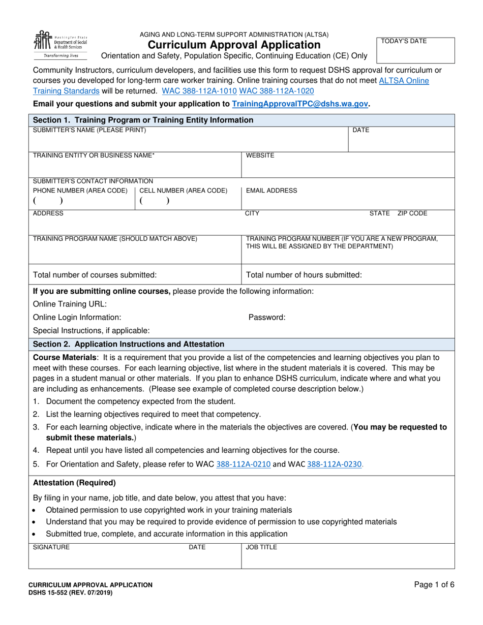 DSHS Form 15-552 Curriculum Approval Application - Washington, Page 1