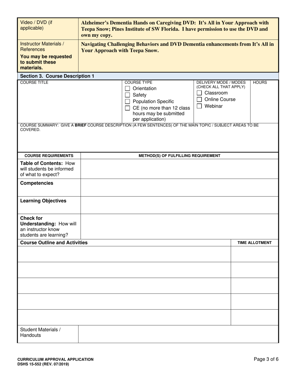 DSHS Form 15-552 Curriculum Approval Application - Washington, Page 3