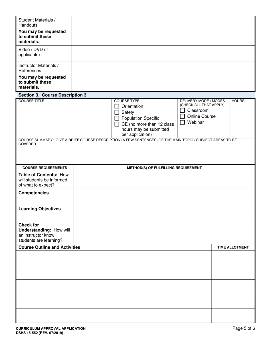 DSHS Form 15-552 Curriculum Approval Application - Washington, Page 5