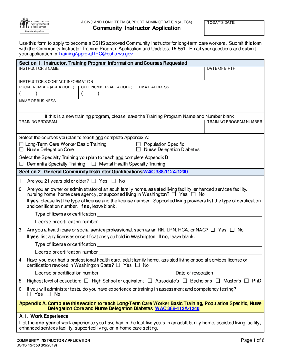 DSHS Form 15-550 Community Instructor Application - Washington, Page 1