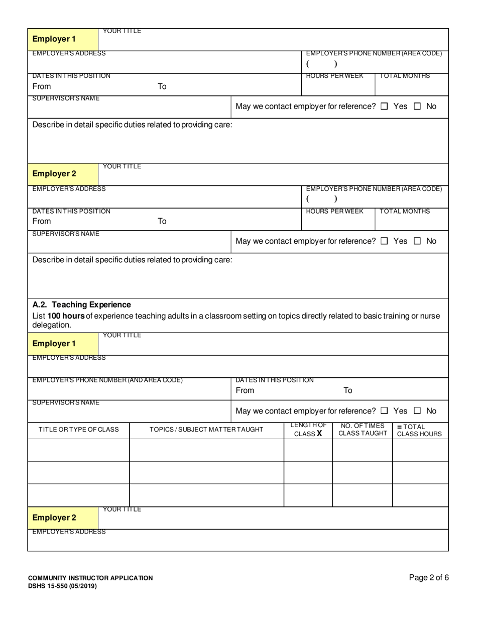 DSHS Form 15-550 Community Instructor Application - Washington, Page 2