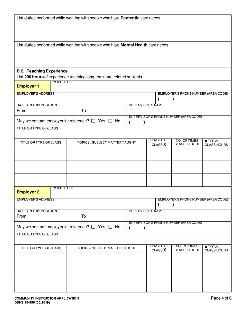 DSHS Form 15-550 Community Instructor Application - Washington, Page 4