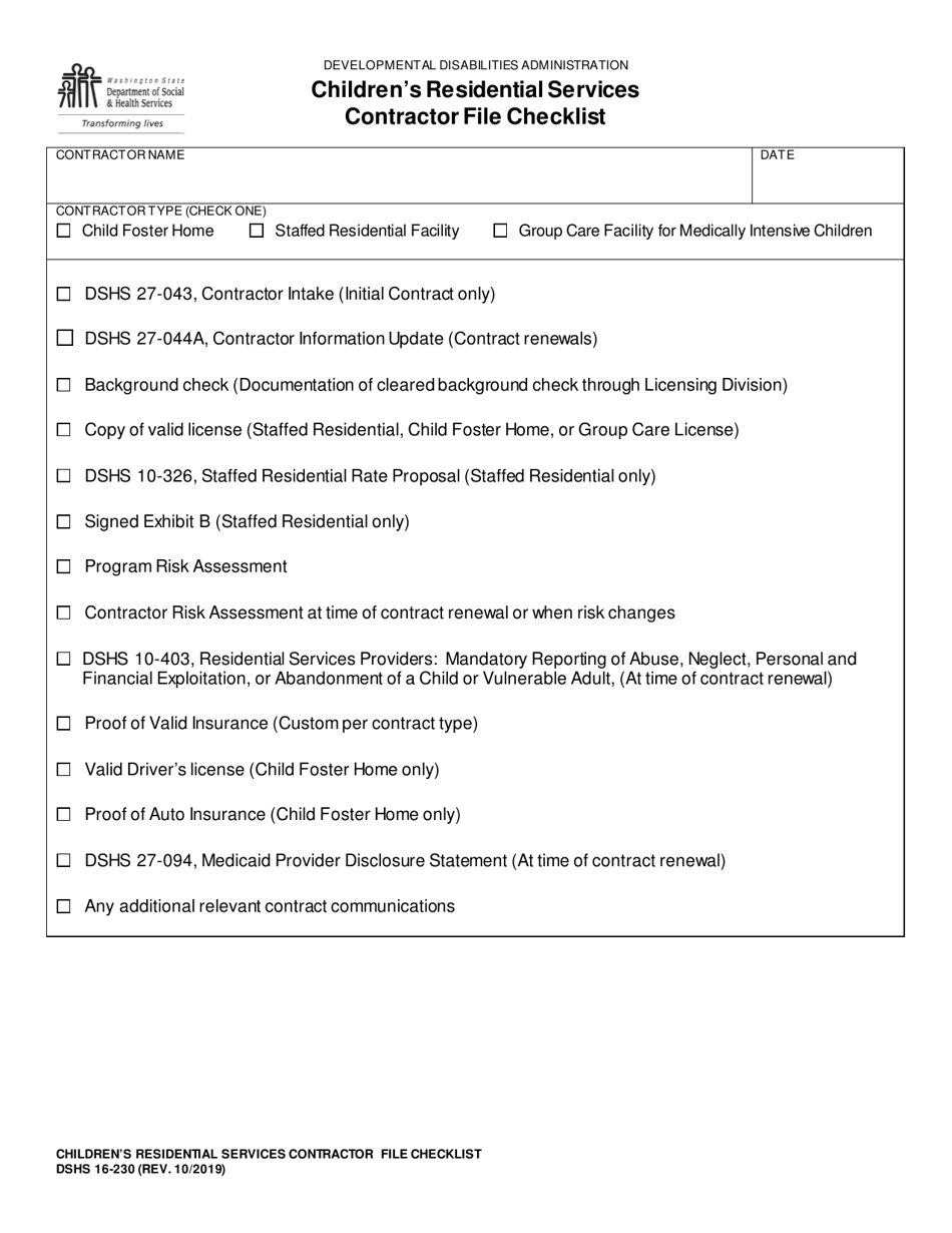 DSHS Form 16-230 Childrens Residential Services Contractor File Checklist - Washington, Page 1