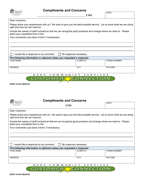 DSHS Form 16-243 Compliments and Concerns - Washington