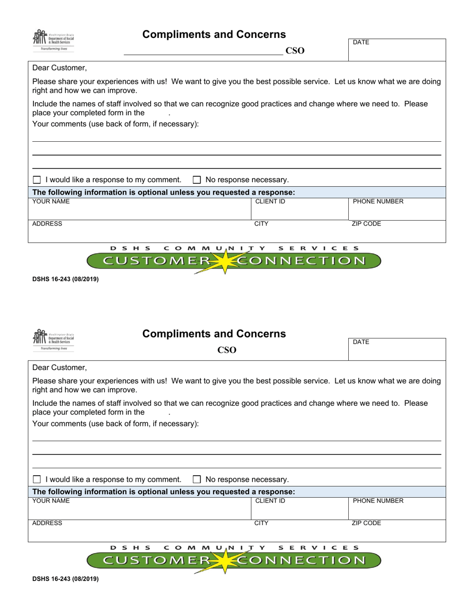 DSHS Form 16-243 Compliments and Concerns - Washington, Page 1