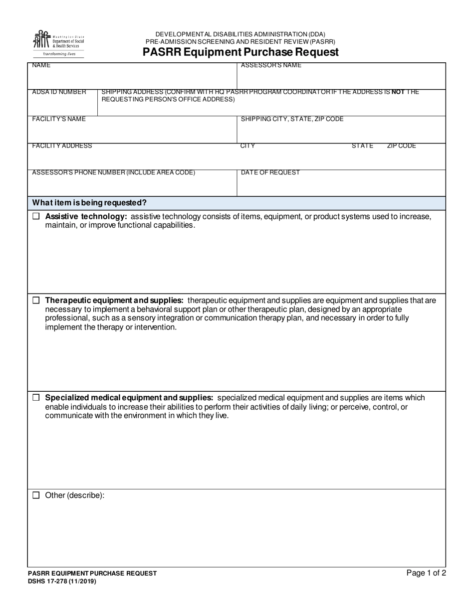 DSHS Form 17-278 Pasrr Equipment Purchase Request - Washington, Page 1