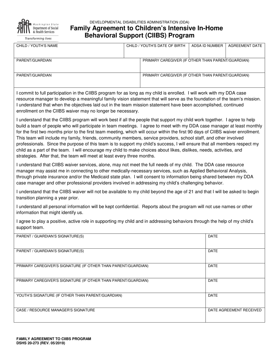 DSHS Form 20-273 Family Agreement to Childrens Intensive in-Home Behavioral Support (Ciibs) Program - Washington, Page 1