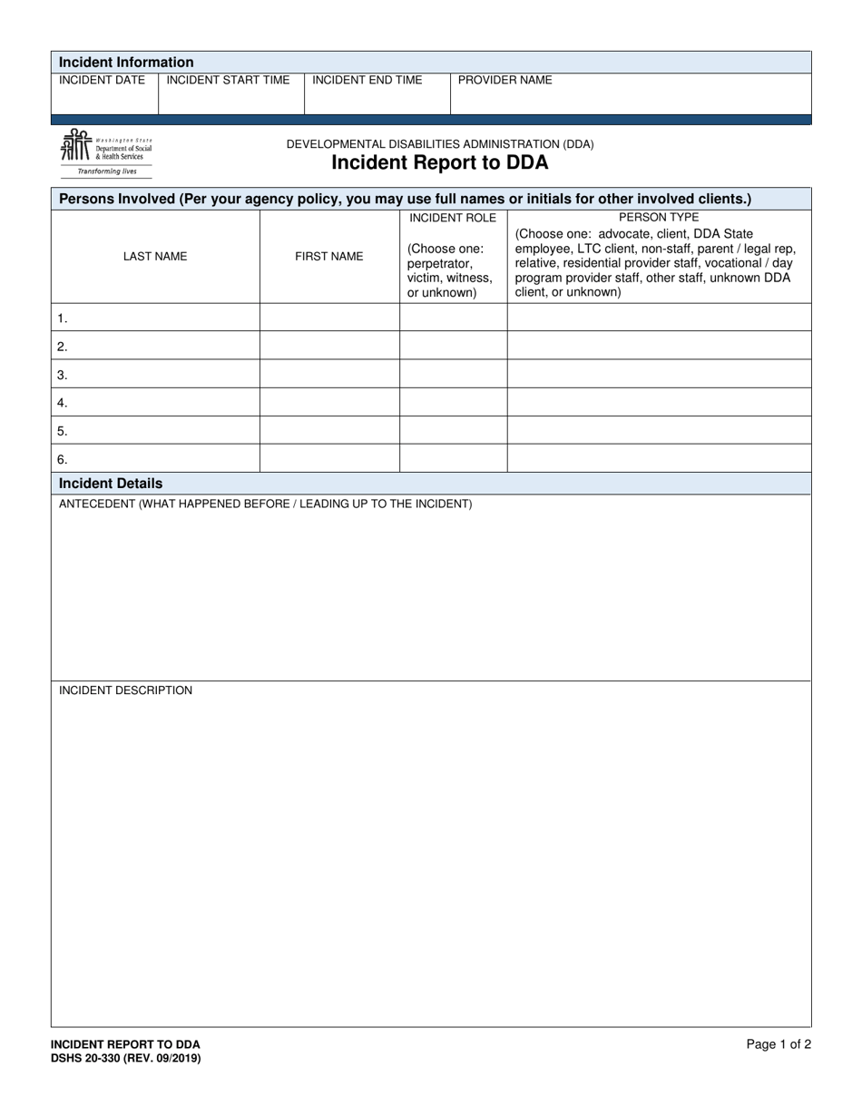 DSHS Form 20-330 Incident Report to Dda - Washington, Page 1