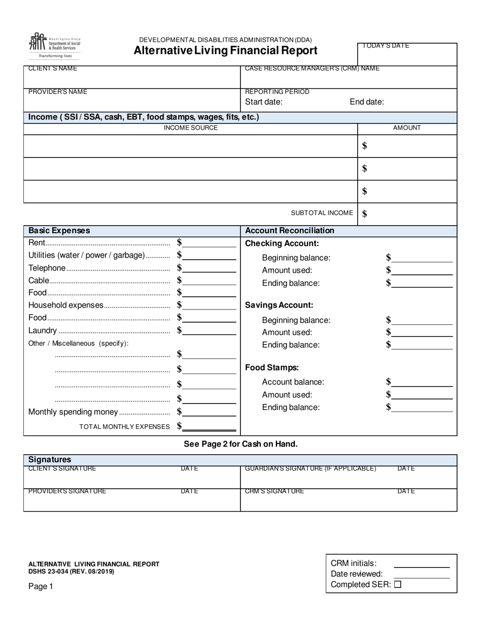 DSHS Form 23-034 Alternative Living Financial Report - Washington, Page 1
