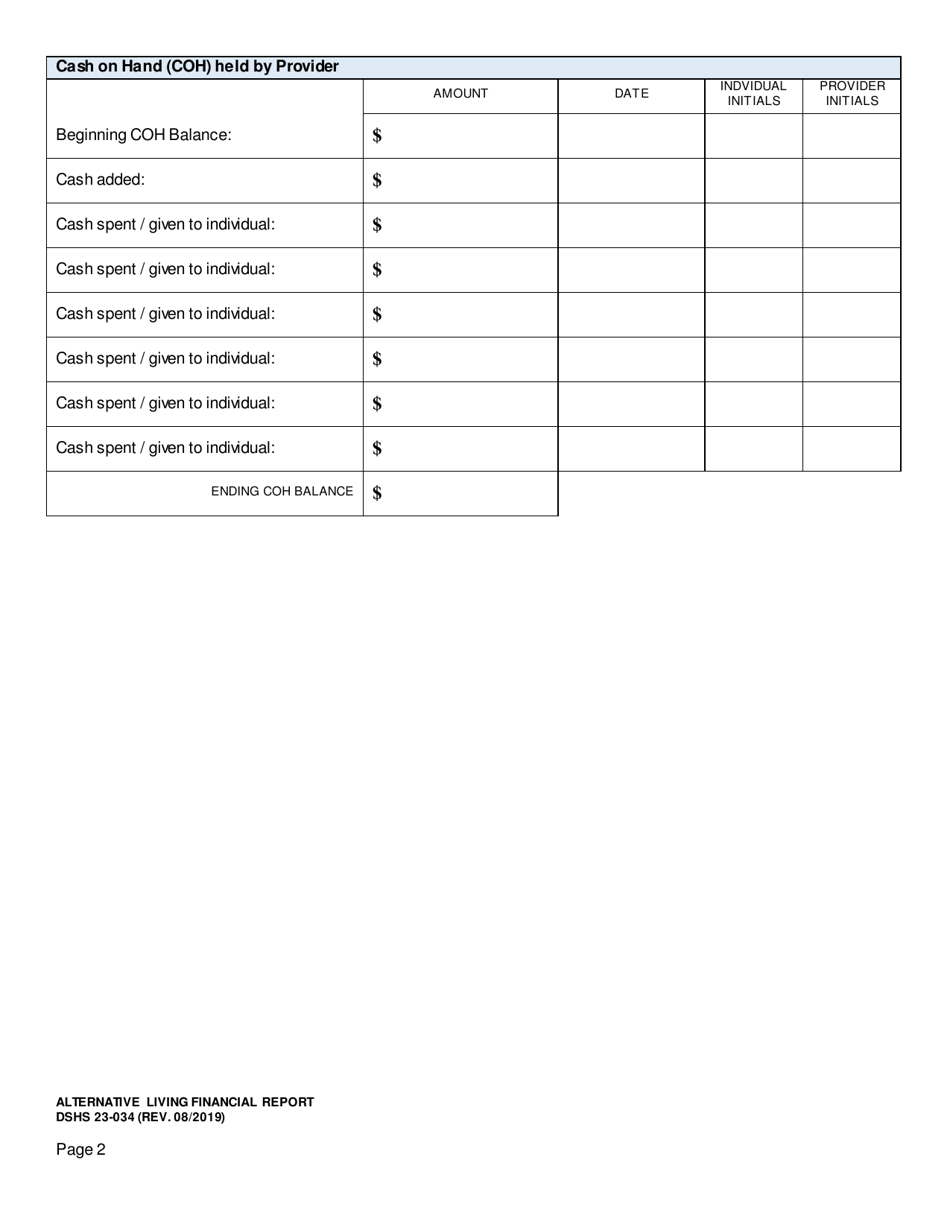 DSHS Form 23-034 Alternative Living Financial Report - Washington, Page 2
