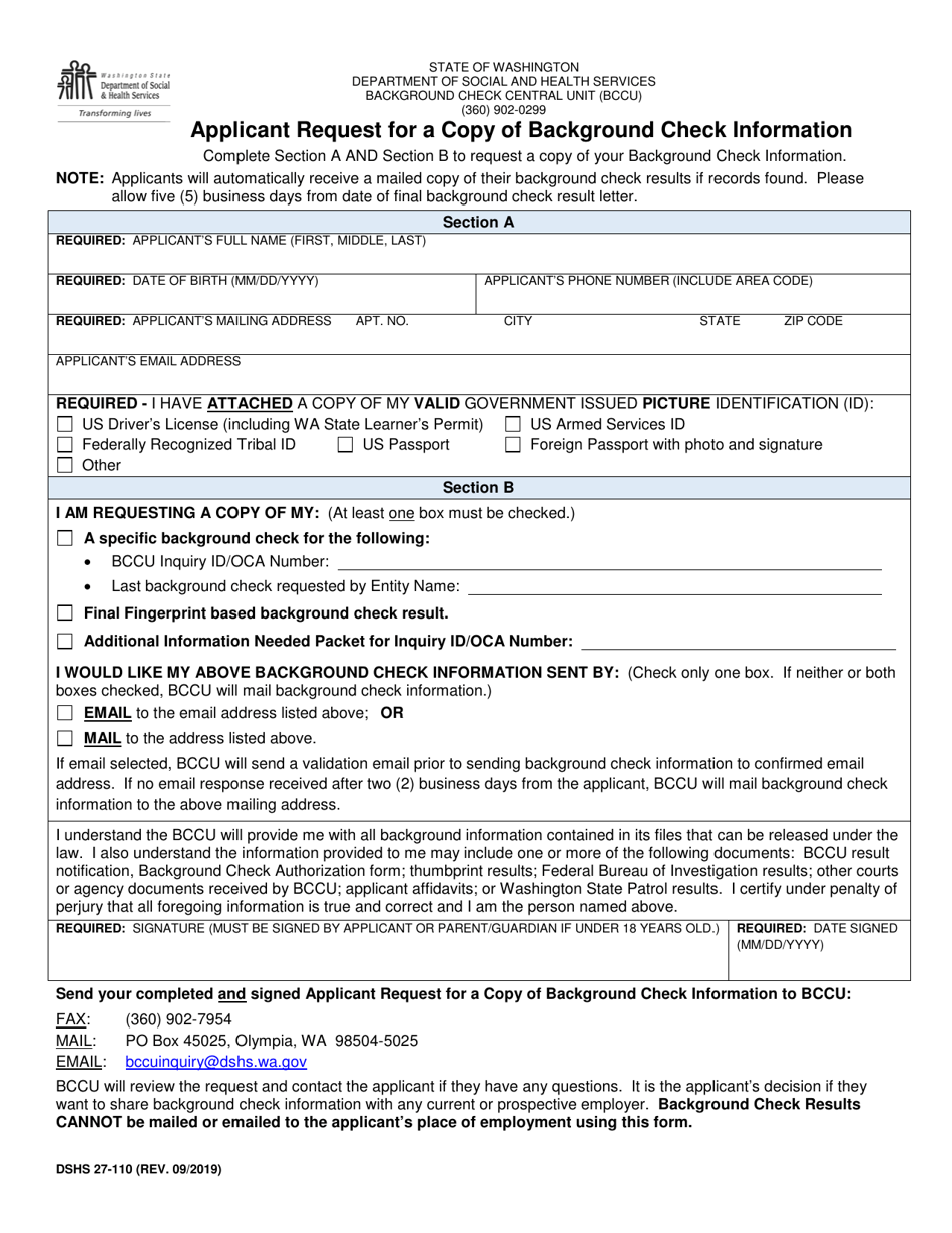 DSHS Form 27-110 Applicant Request for a Copy of Background Check Information - Washington, Page 1