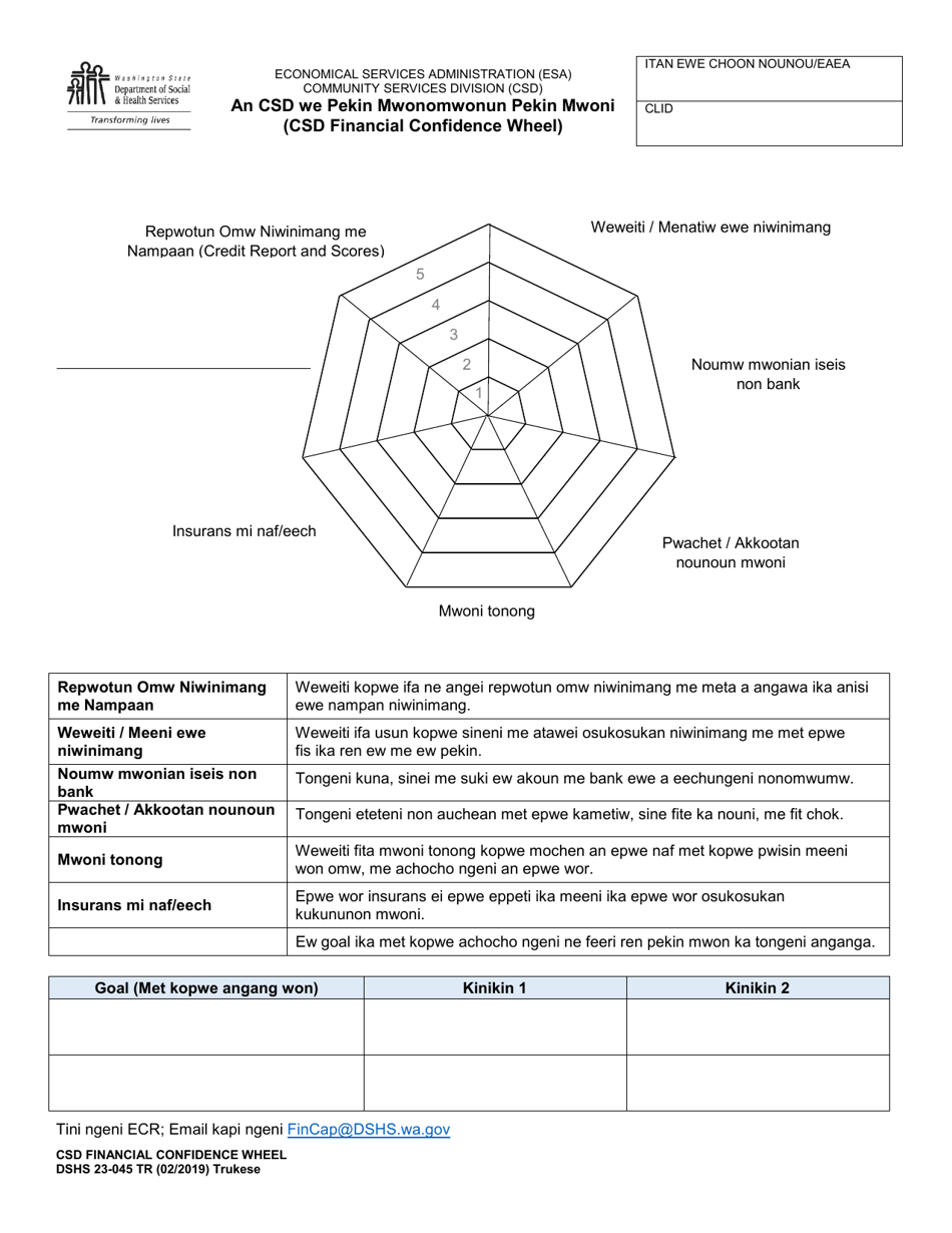DSHS Form 23-045 Community Services Division (Csd) Financial Confidence Wheel - Washington (Trukese), Page 1