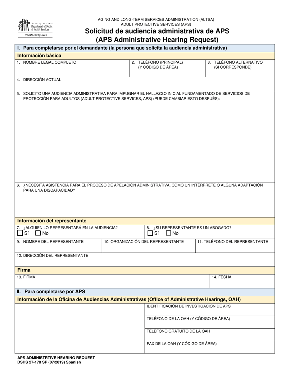 DSHS Formulario 27-178 Solicitud De Audiencia Administrativa De Aps - Washington (Spanish), Page 1