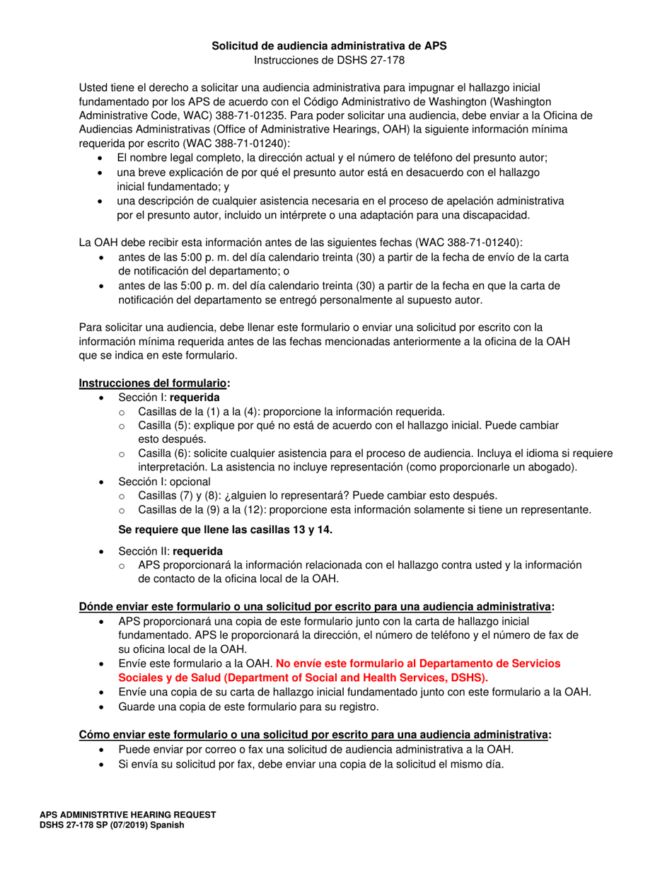 DSHS Formulario 27-178 Solicitud De Audiencia Administrativa De Aps - Washington (Spanish), Page 2