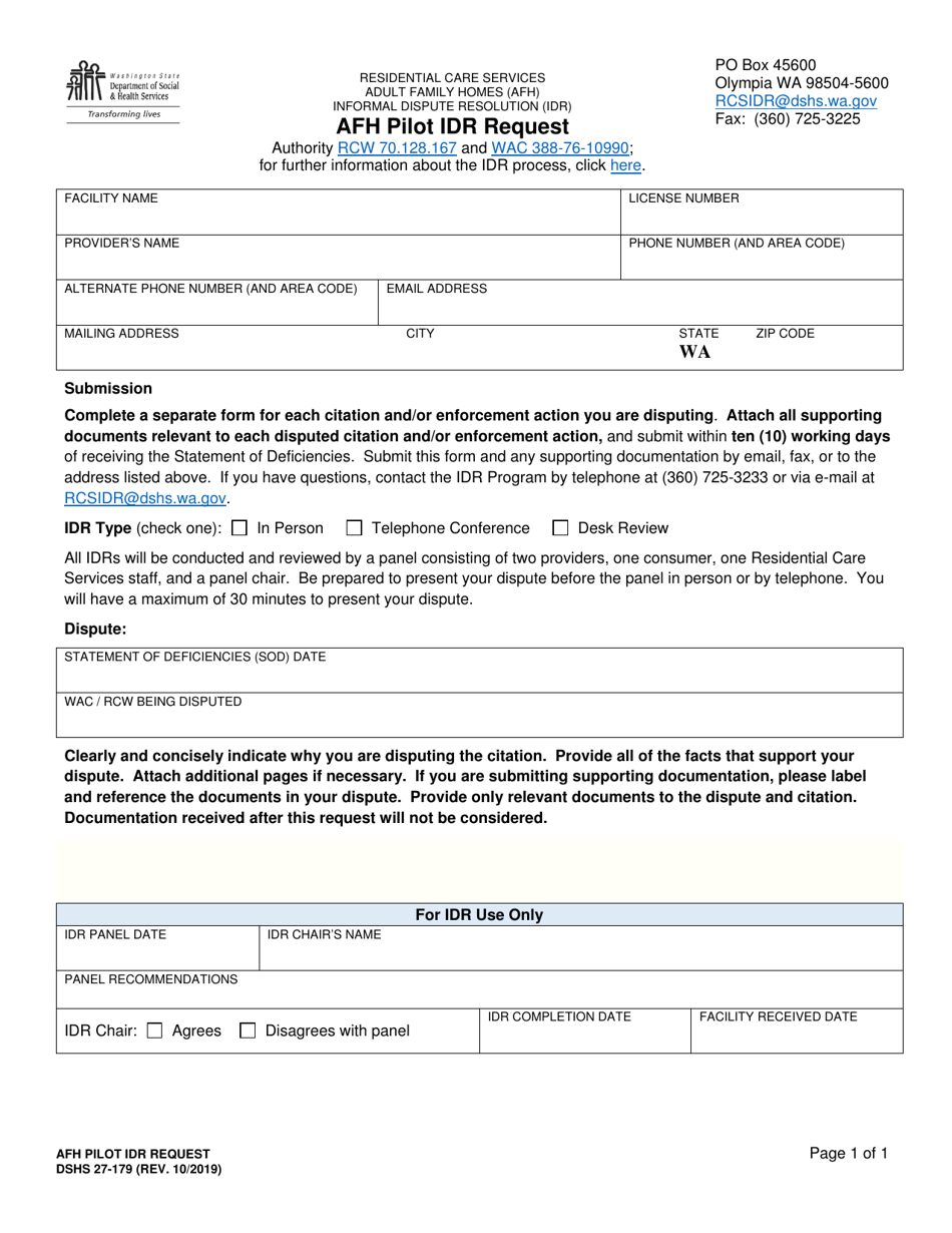 DSHS Form 27-179 Afh Pilot Idr Request - Washington, Page 1