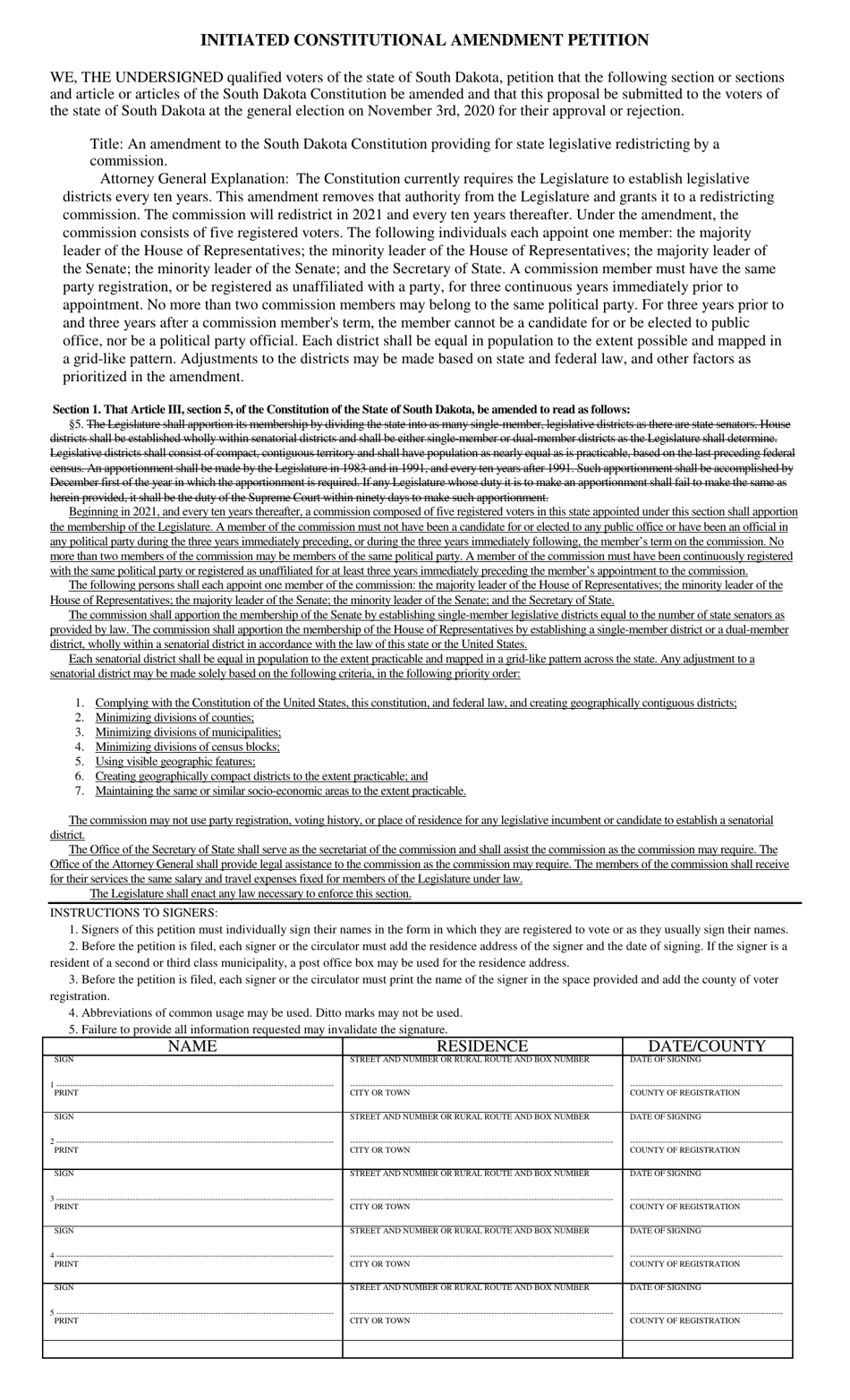 Initiated Constitutional Amendment Petition - South Dakota, Page 1
